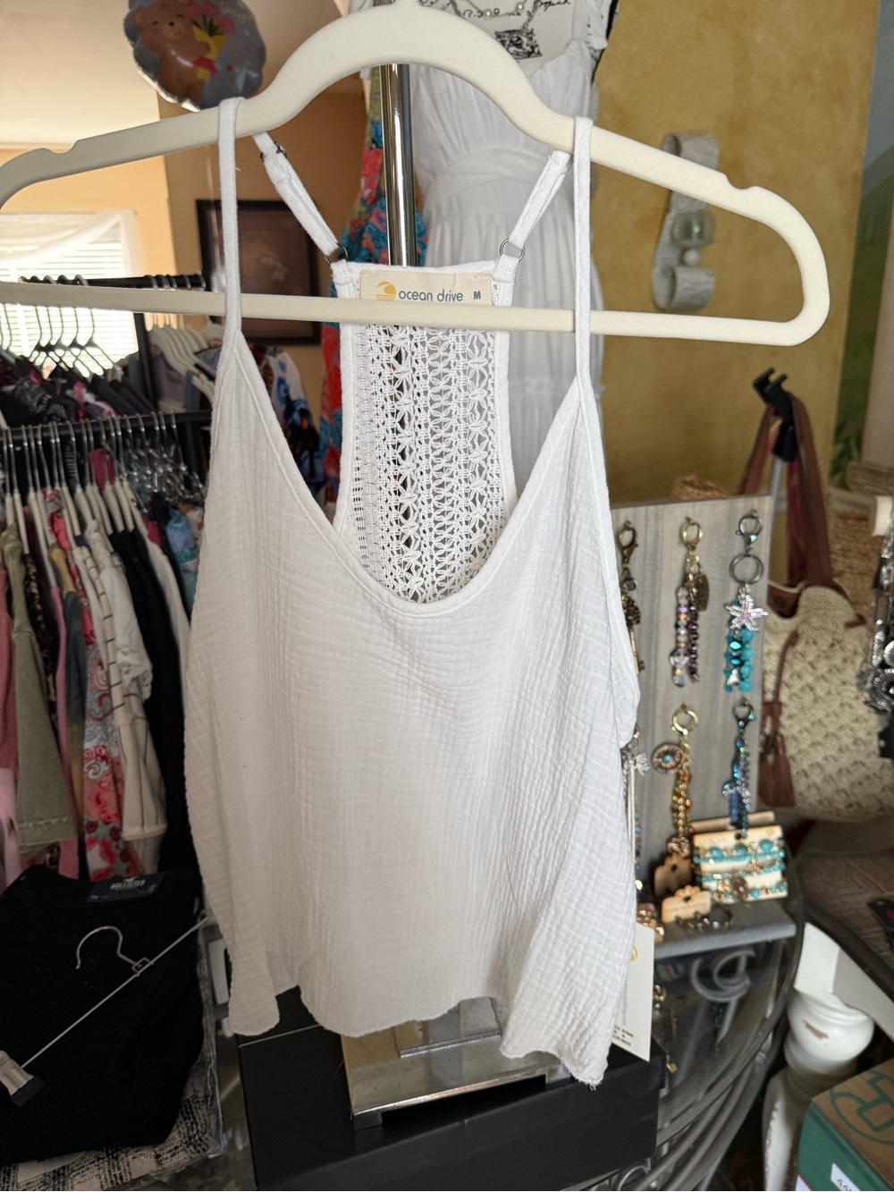 Ocean Drive White Crochet-Back Camisole Tank